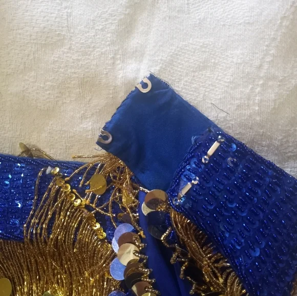 Belly Dancer Ornate Beaded Blue Gold Two Piece Bra Sheer Layered Tiered Skirt - Picture 11 of 13
